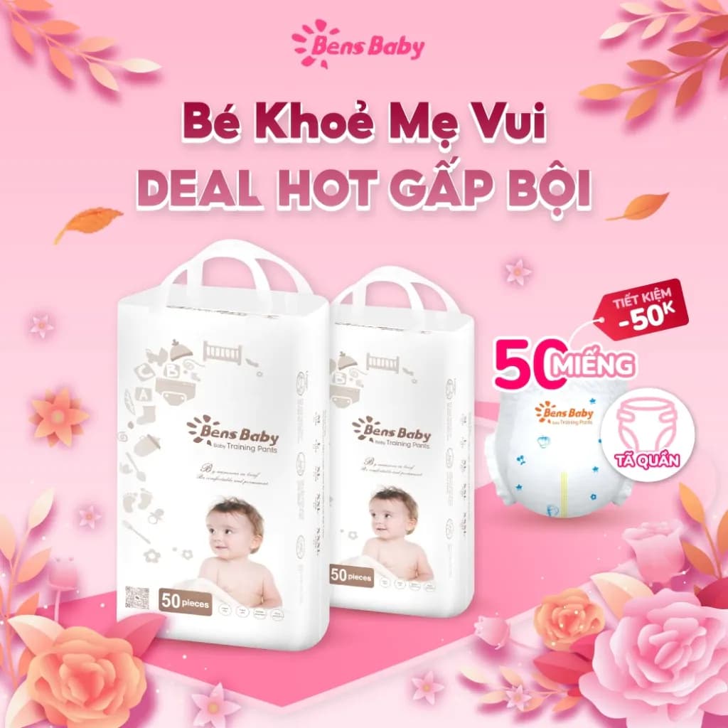 Combo 50-100-150 Miếng Bỉm Tã Quần Bens Baby Cho Bé Size M, L, XL, XXL Siêu Mỏng Thấm Hút Thoáng Mát