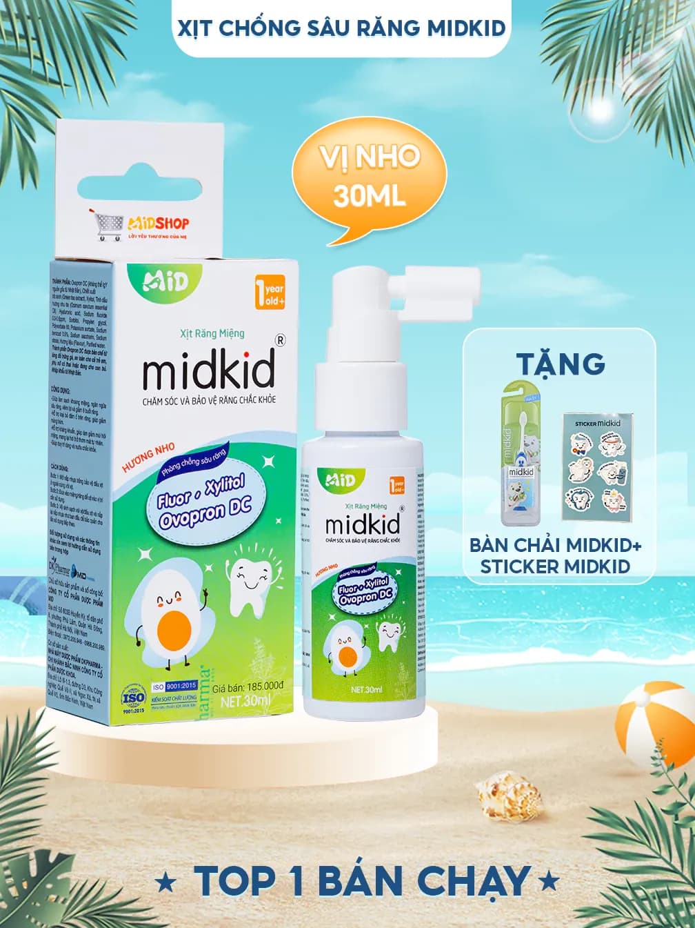 Xịt chống sâu răng Midkid vị Nho 30ml cho bé từ 1 tuổi giúp bảo vệ men răng, loại bỏ mảng bám đen ố vàng sạch thơm miệng